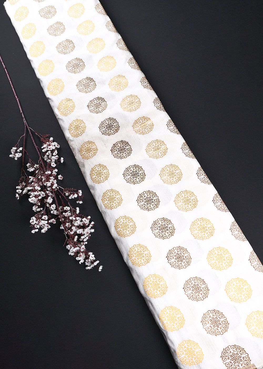 White Dyeable Dupion Silk Fabric With All Over Zari Handloom 26503