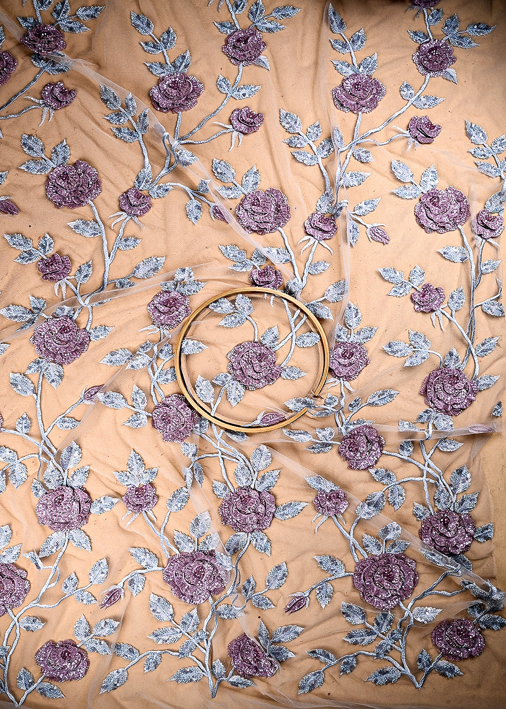 (Pre Cut 0.85 MTR) Onion Net Fabric With All Over Sequins, Katdana And 3D Work 26507