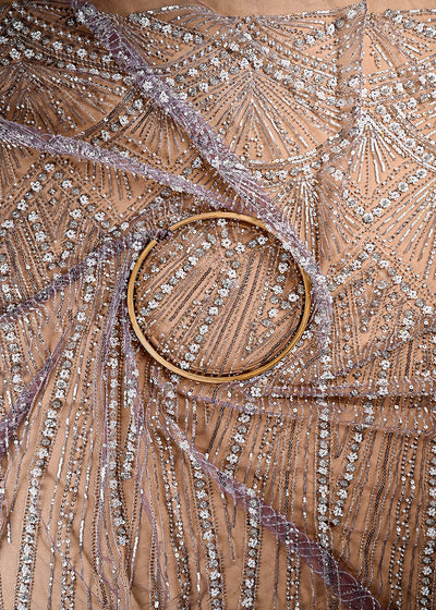 (Pre Cut 1.55 MTR) Lavender Net Fabric With All Over Sequins, Katdana And Bead Work 26509