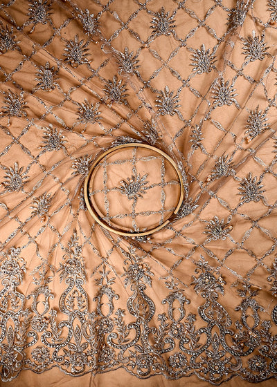 (Pre Cut 2 MTR) Brown Net Fabric With All Over Sequins, Katdana And Bead Work 26510