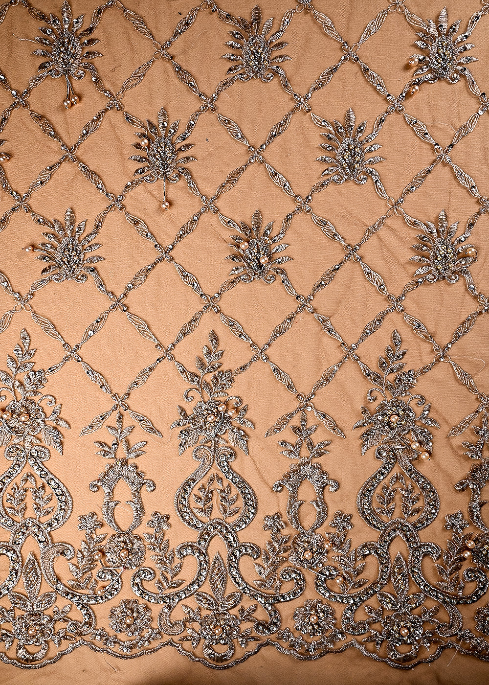 (Pre Cut 2 MTR) Brown Net Fabric With All Over Sequins, Katdana And Bead Work 26510