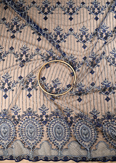 (Pre Cut 1.75 MTR) Navy Blue Net Fabric With All Over Sequins And Katdana Work 26511