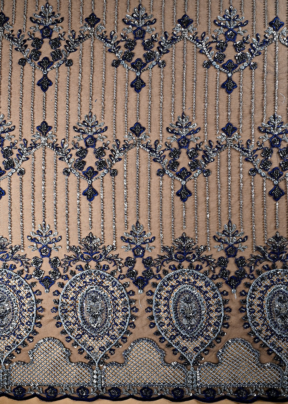 (Pre Cut 1.75 MTR) Navy Blue Net Fabric With All Over Sequins And Katdana Work 26511