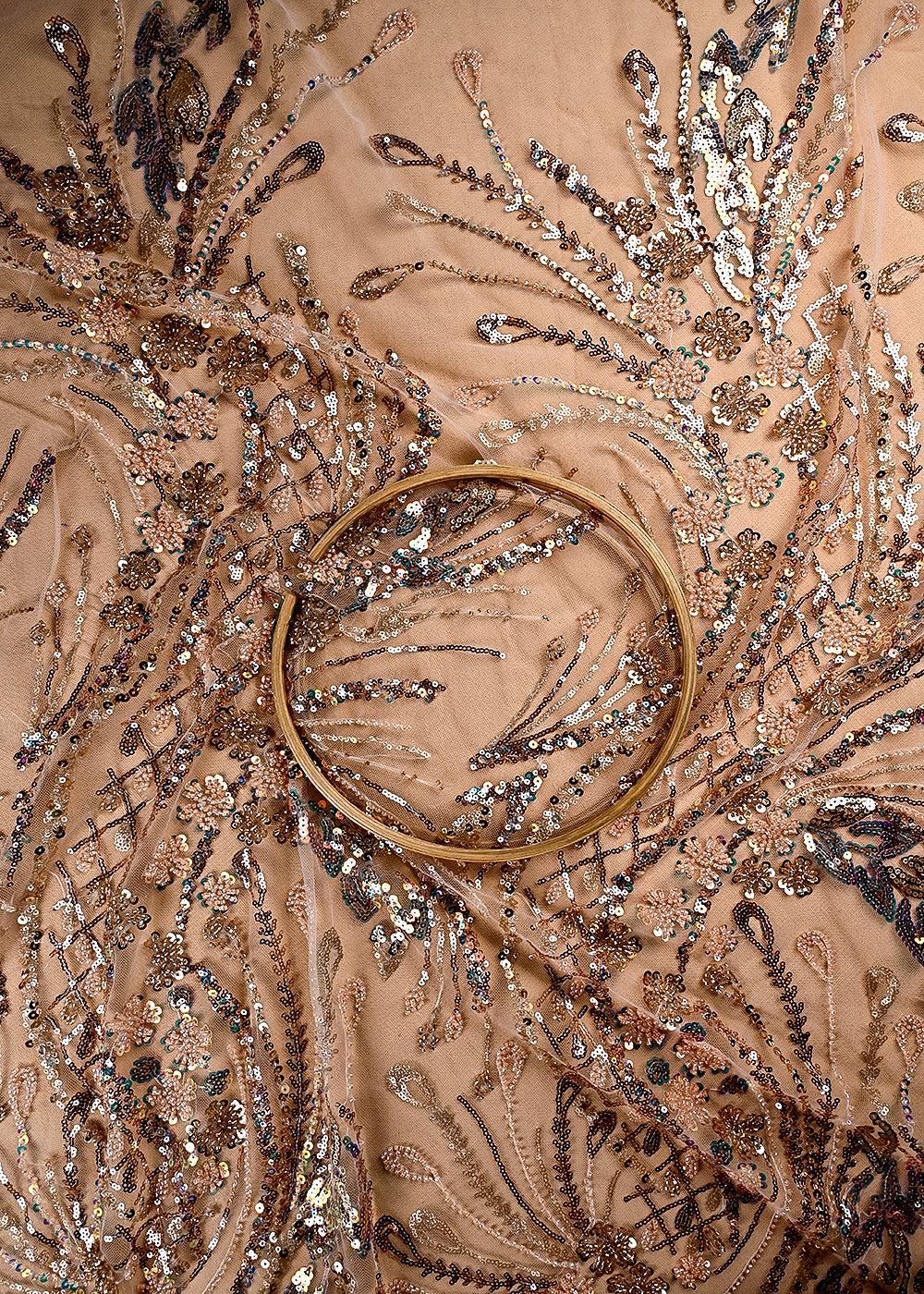 (Pre Cut 2.3 MTR) Peach Net Fabric With All Over Sequins And Katdana Work 26512