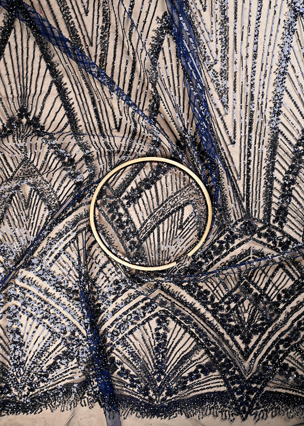 (Pre Cut 1.8 MTR) Navy Blue Net Fabric With All Over Sequins And Katdana Work 26514