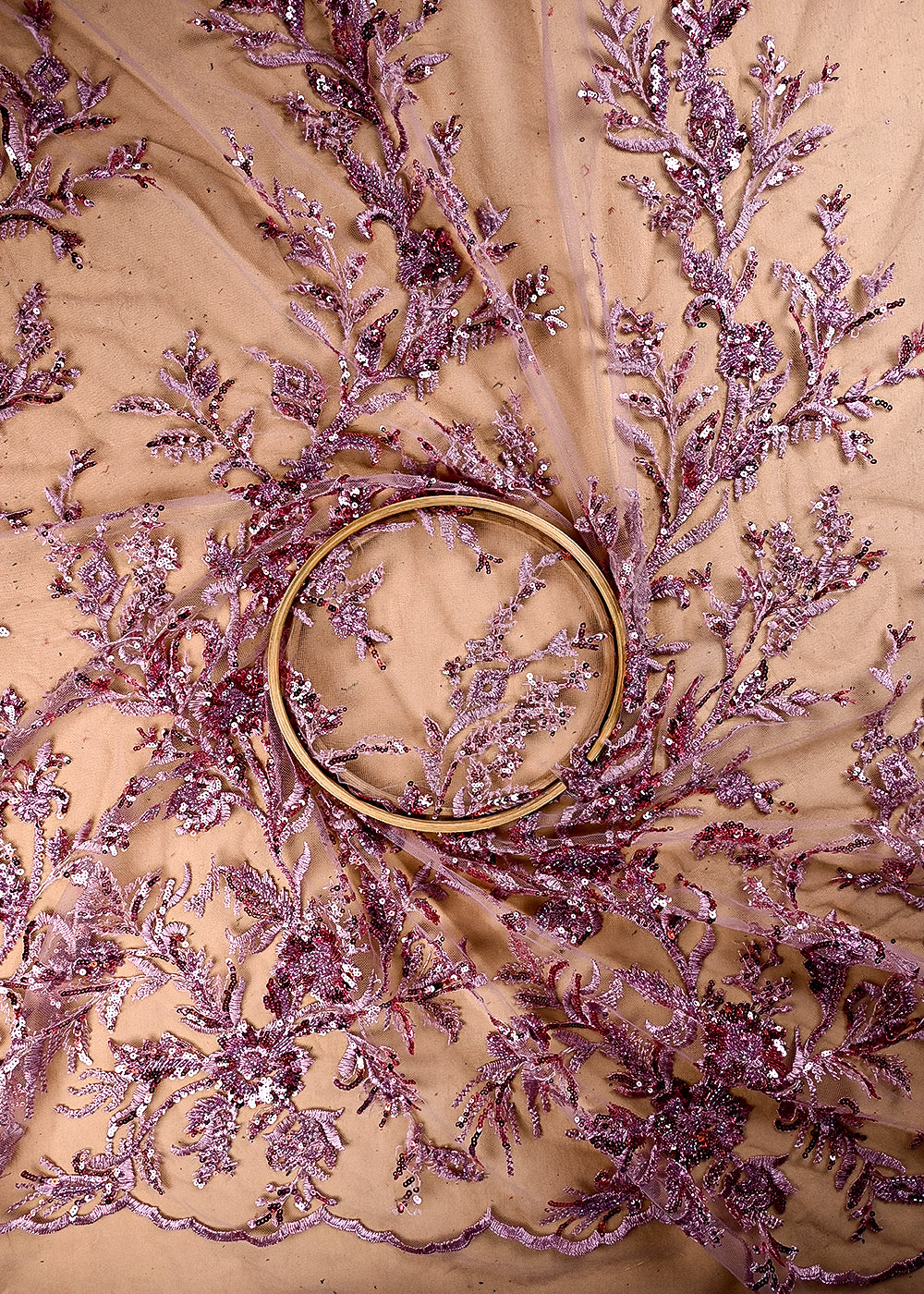(Pre Cut 1 MTR) Pink Net Fabric With All Over Sequins And Katdana Work 26515