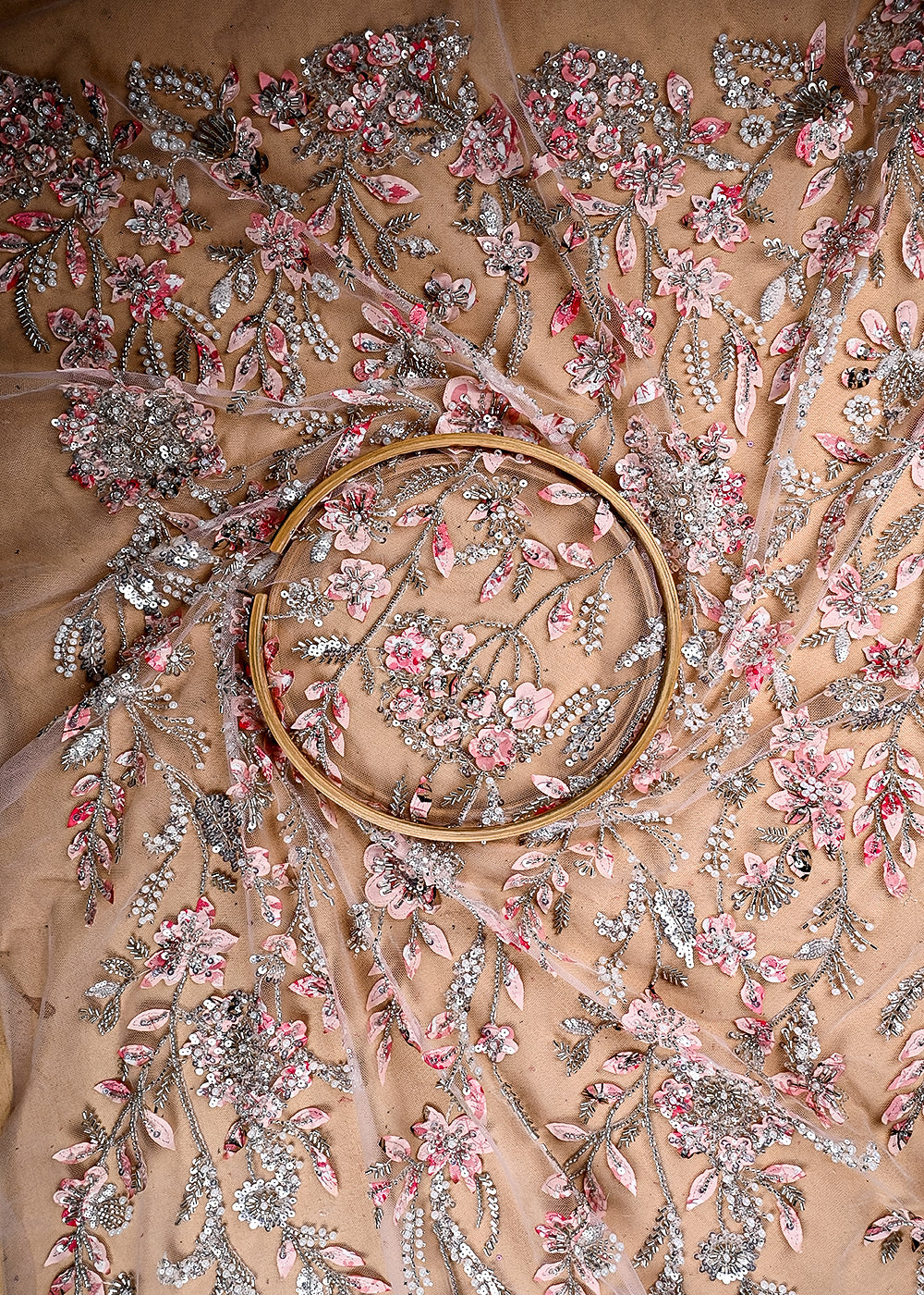 (Pre Cut 0.6 MTR) Baby Pink Net Fabric With All Over Sequins, Katdana, Bead Patch Work 26516