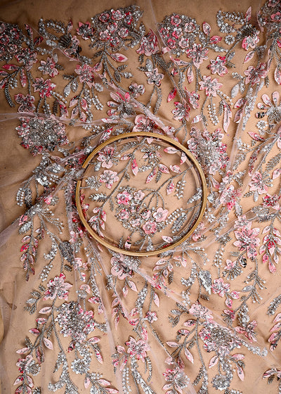(Pre Cut 0.6 MTR) Baby Pink Net Fabric With All Over Sequins, Katdana, Bead Patch Work 26516