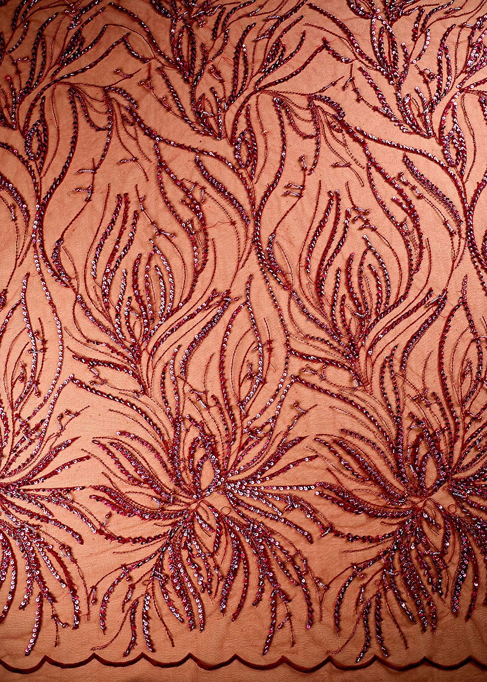 (Pre Cut 1.9 MTR) Maroon Net Fabric With All Over Sequins, Katdana And Bead Work 26517