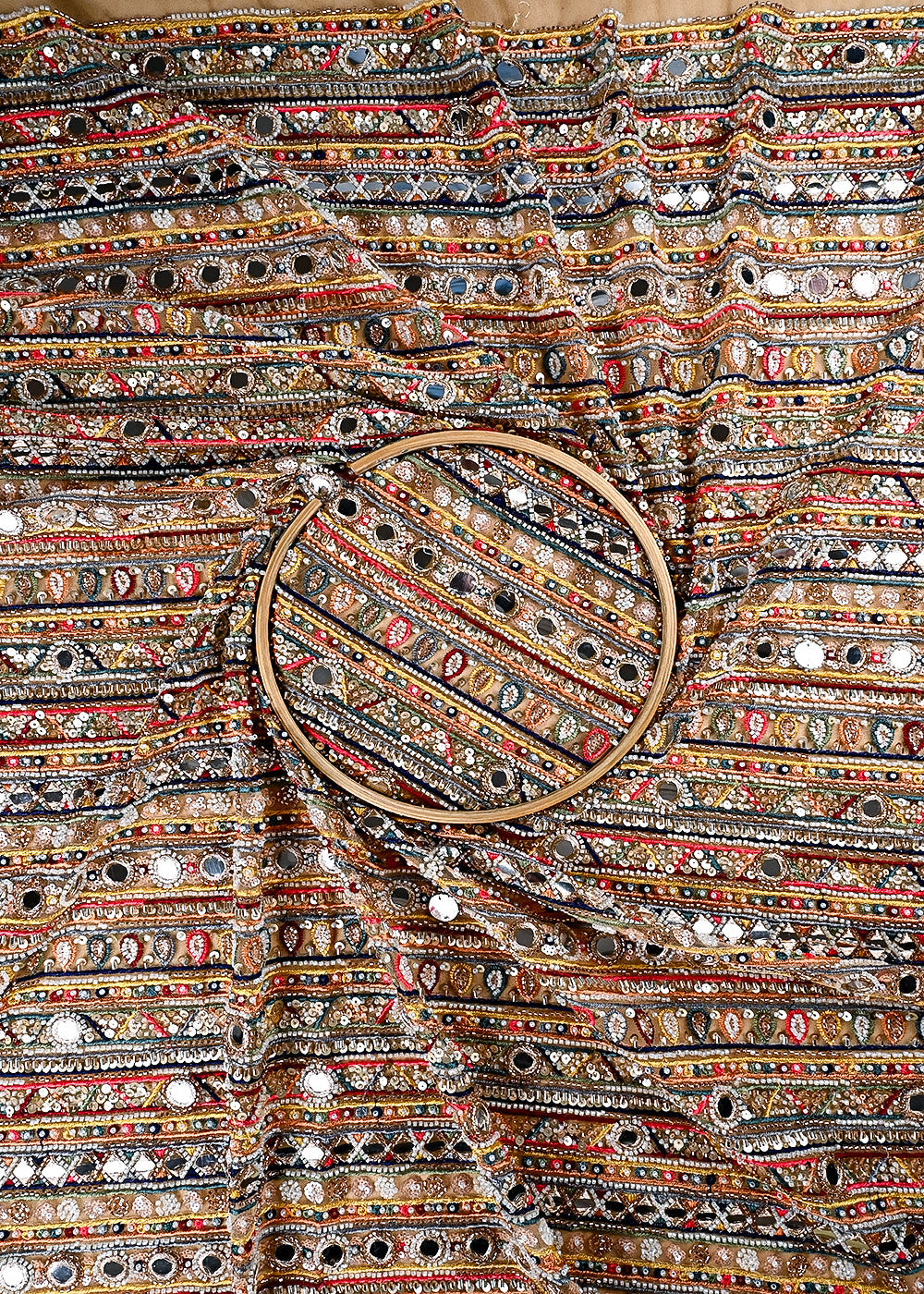 (Pre Cut 0.9 MTR) Golden Net Fabric With All Over Sequins, Katdana, Bead Faux Mirror Work 26518
