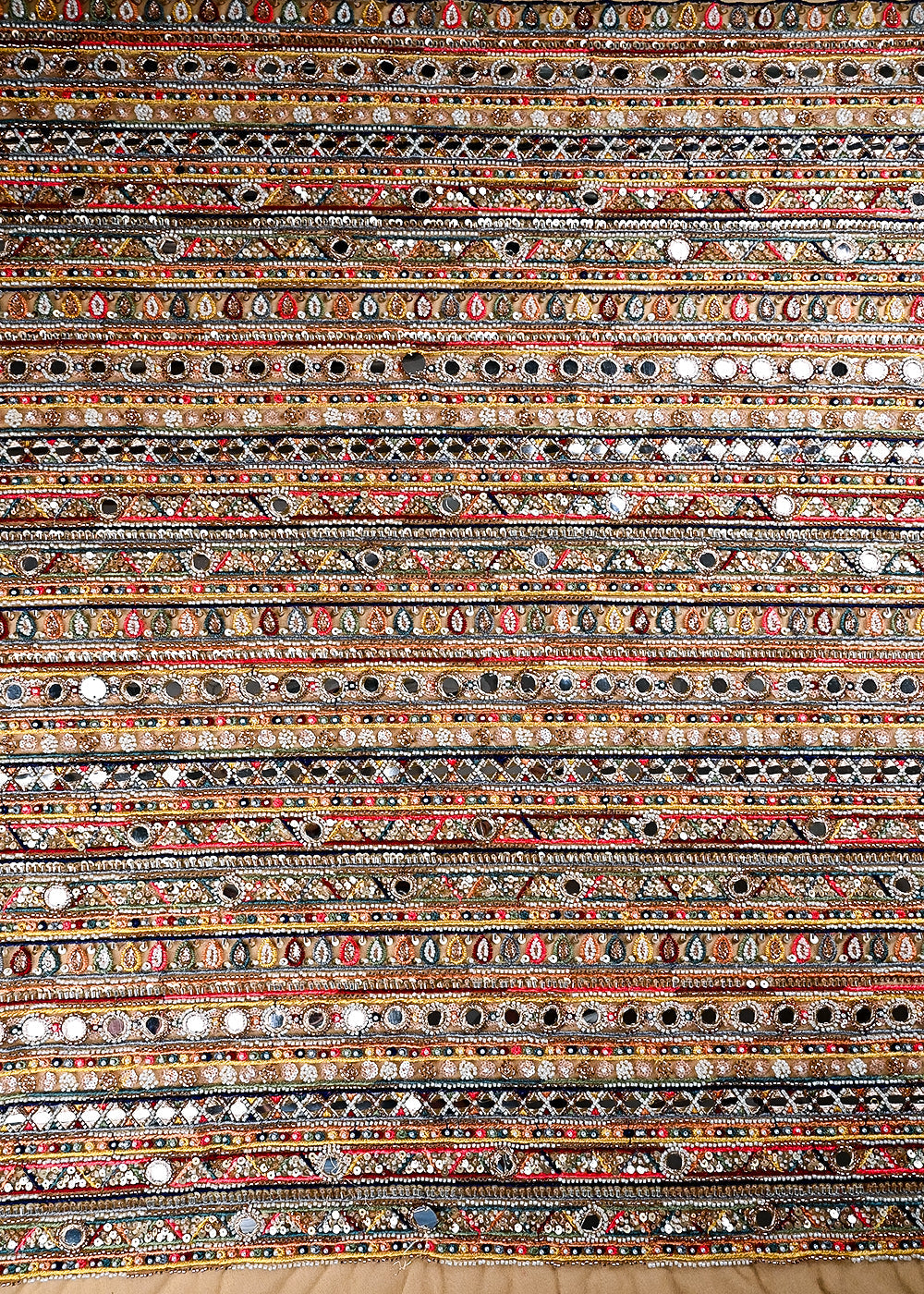 (Pre Cut 0.9 MTR) Golden Net Fabric With All Over Sequins, Katdana, Bead Faux Mirror Work 26518