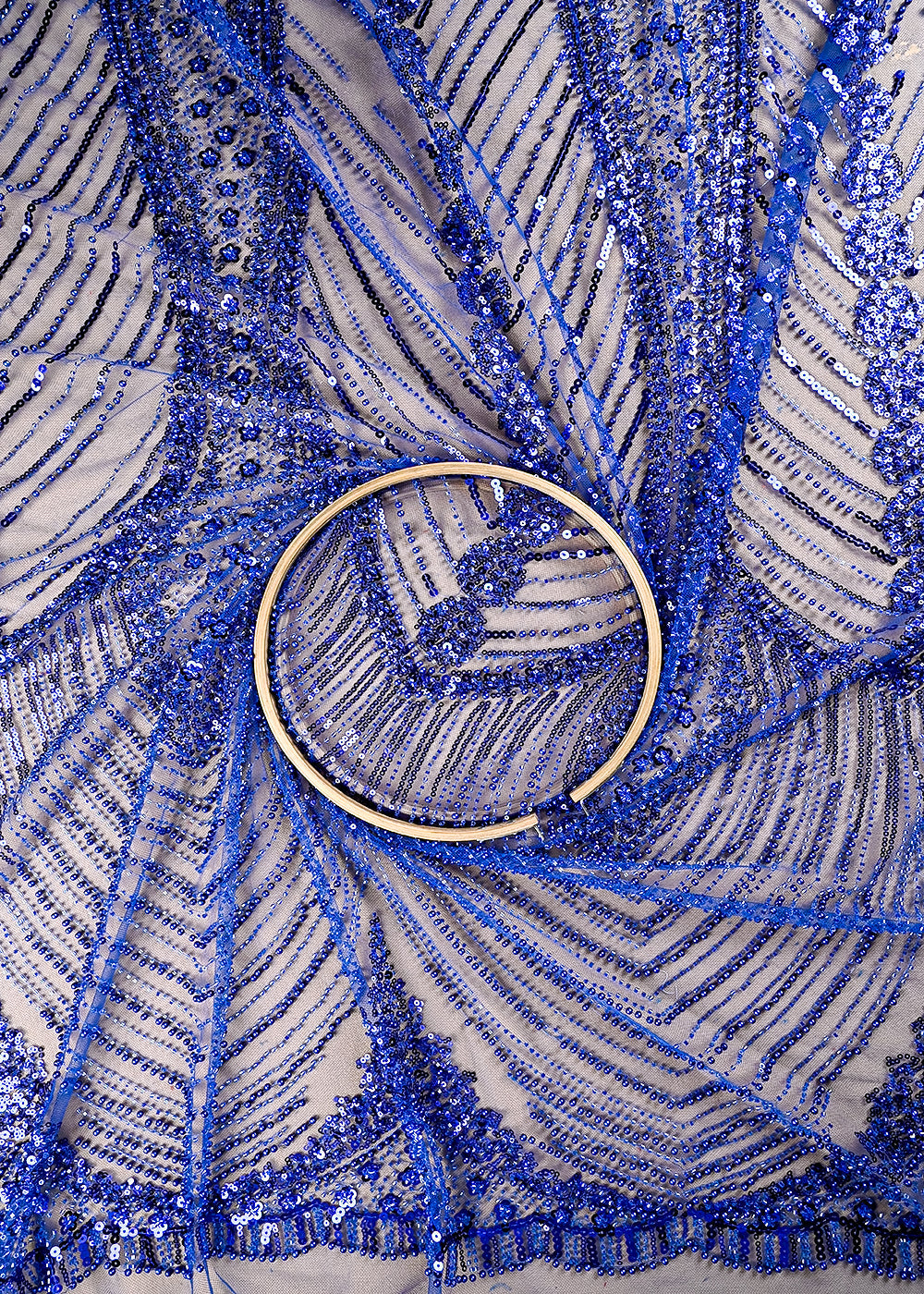 (Pre Cut 1.75 MTR) Royal Blue Net Fabric With All Over Sequins And Katdana Work 26519