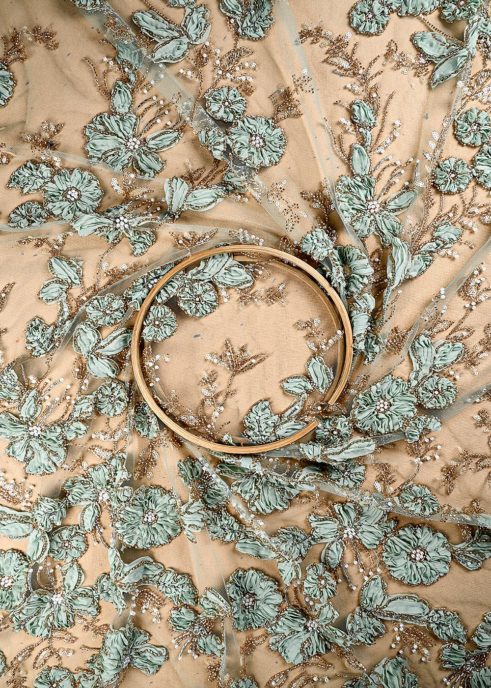 (Pre Cut 0.9 MTR) Pista Green Net Fabric With All Over Katdana, Bead And Ribbon Work 26520
