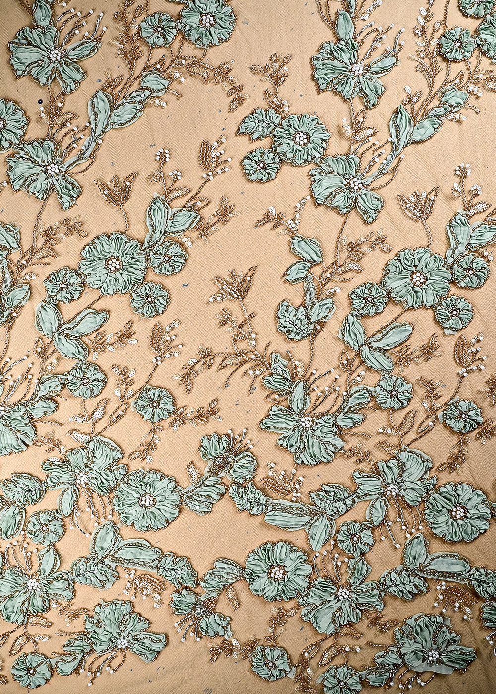 (Pre Cut 0.9 MTR) Pista Green Net Fabric With All Over Katdana, Bead And Ribbon Work 26520