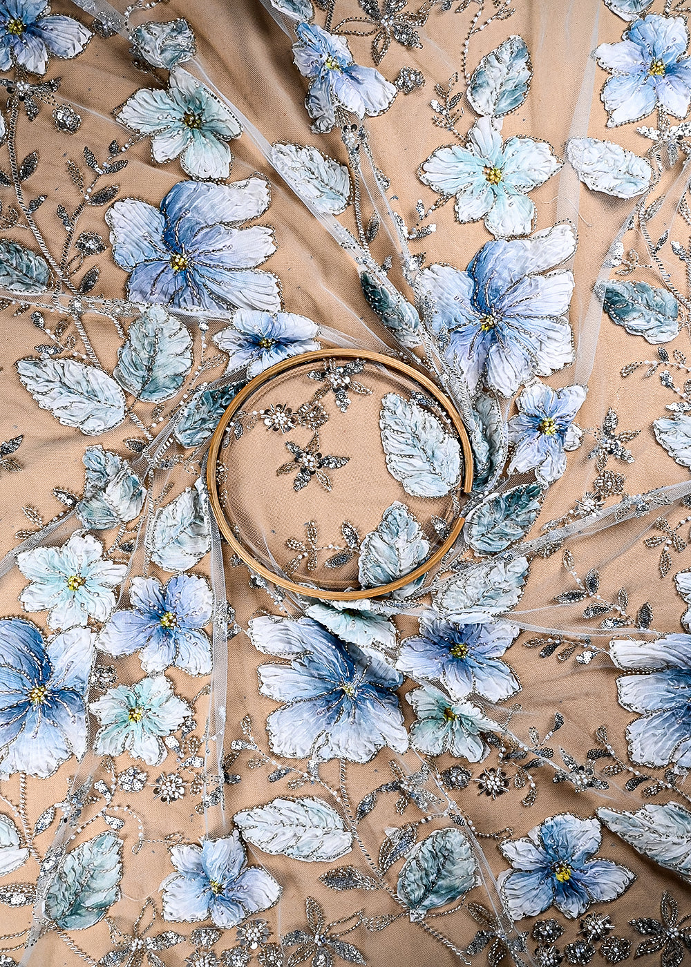 (Pre Cut 1 MTR) Sky Blue Net Fabric With All Over Sequins, Katdana, Bead And Ribbon Work 26521