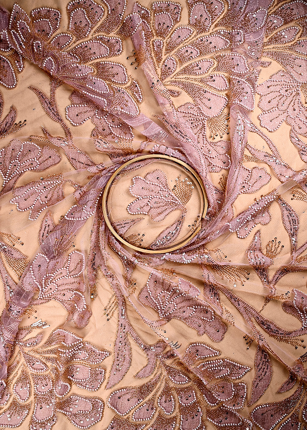 (Pre Cut 2.15 MTR) Pink Net Fabric With All Over Sequins, Katdana And Bead Work 26524
