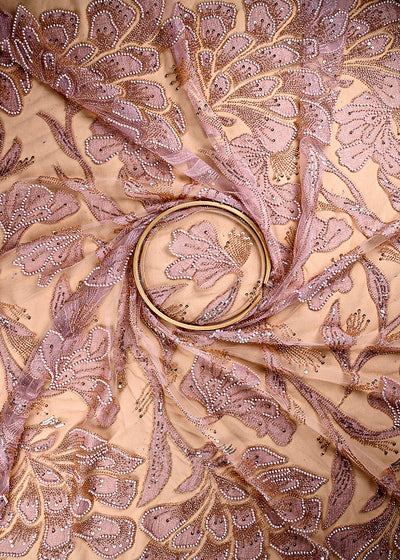 (Pre Cut 2.15 MTR) Pink Net Fabric With All Over Sequins, Katdana And Bead Work 26524