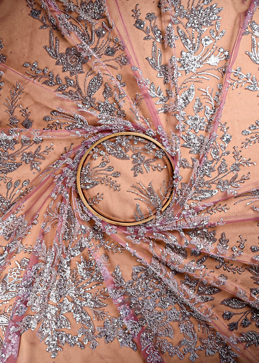 (Pre Cut 2.4 MTR) Gazri Pink Net Fabric With All Over Sequins And Katdana Work 26527