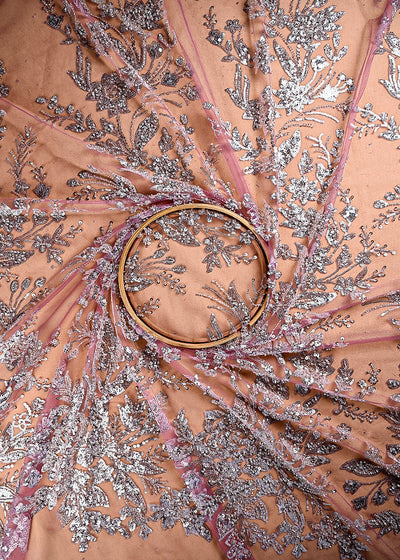 (Pre Cut 2.4 MTR) Gazri Pink Net Fabric With All Over Sequins And Katdana Work 26527