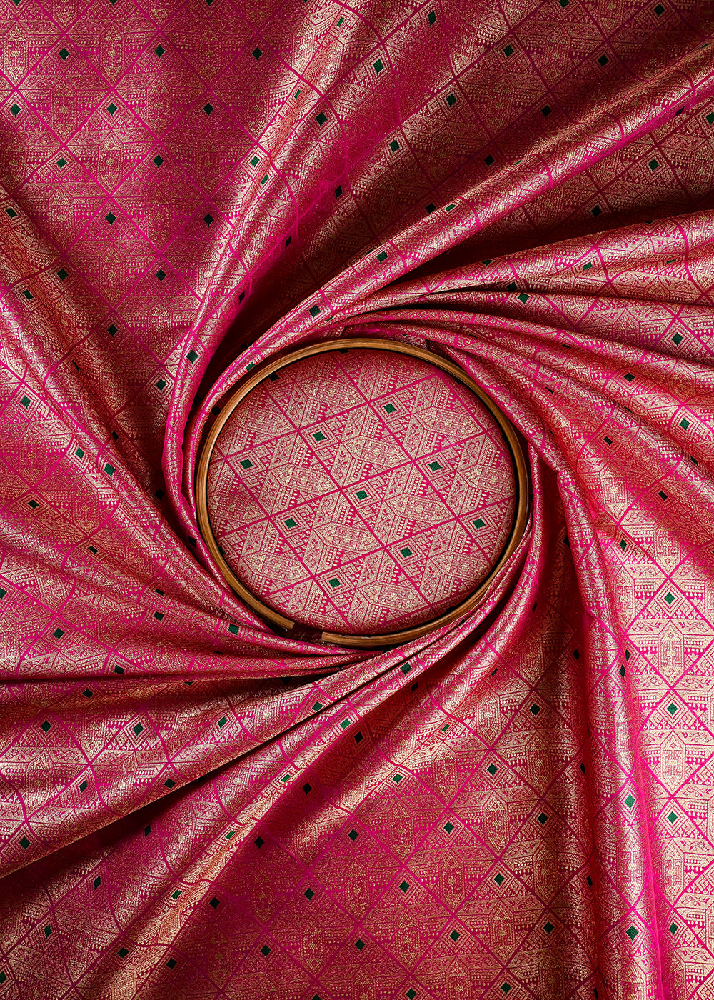 Rani Pink Banarasi Brocade Fabric With All Over Thread And Zari Handloom 27028