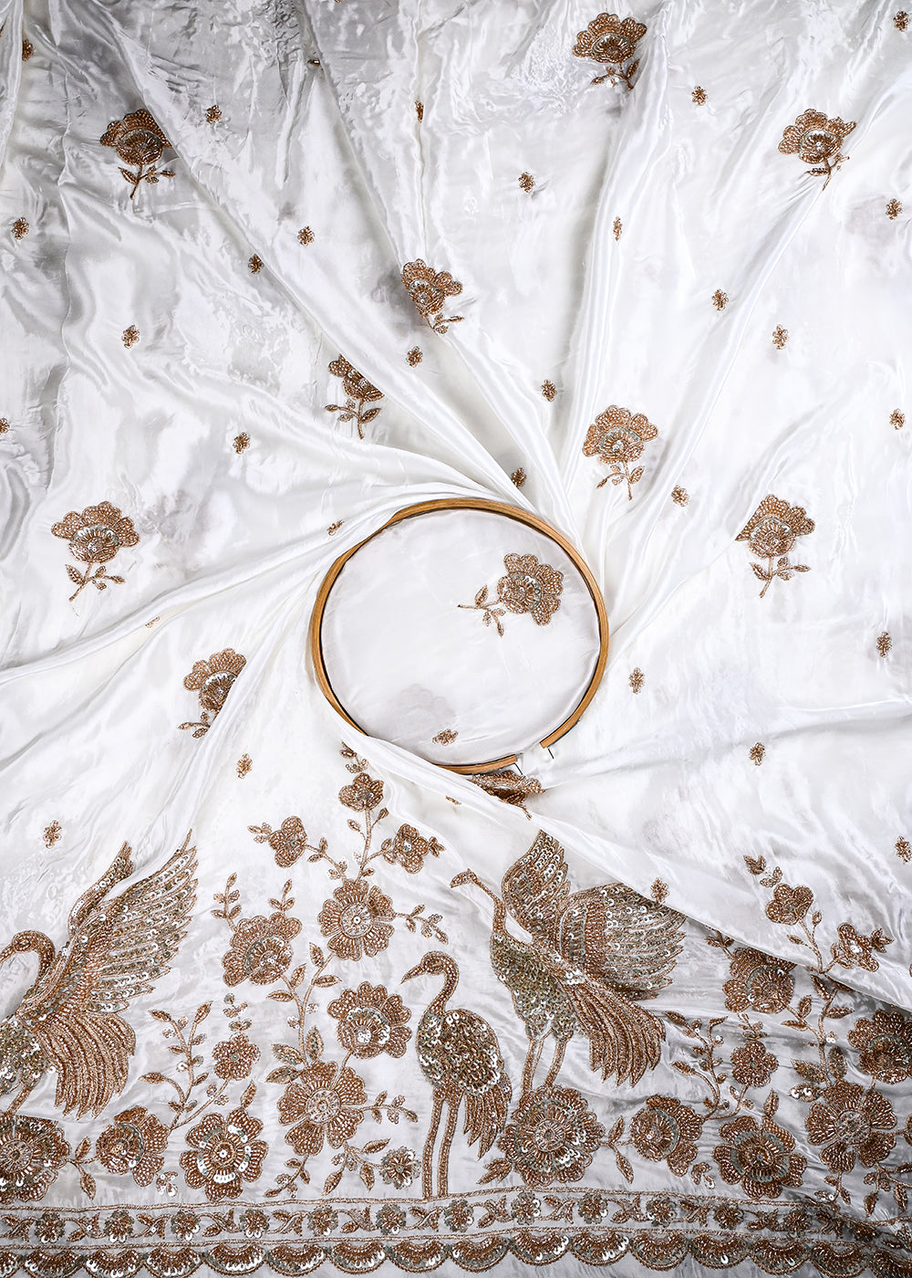 White Dyeable Crepe Fabric With All Over Zari, Sequins And Katdana Work With One Side Heavy Border 27030