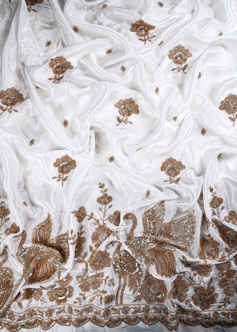 White Dyeable Crepe Fabric With All Over Zari, Sequins And Katdana Work With One Side Heavy Border 27030