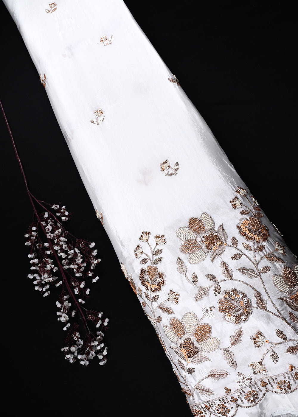 White Dyeable Crepe Fabric With All Over Zari, Sequins And Katdana Work With One Side Heavy Border 27031