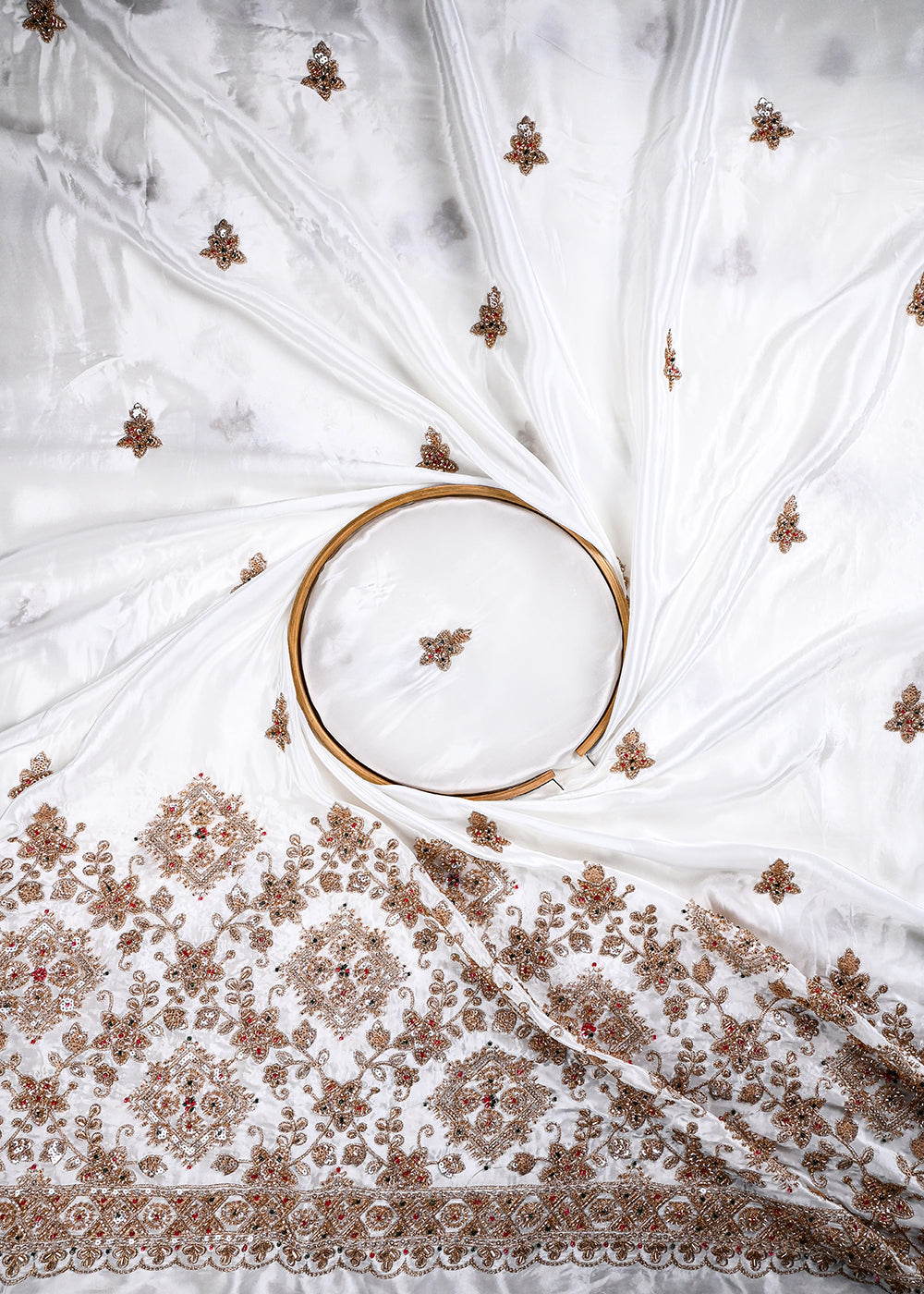 White Dyeable Crepe Fabric With All Over Zari, Sequins And Katdana Work With One Side Heavy Border 27032