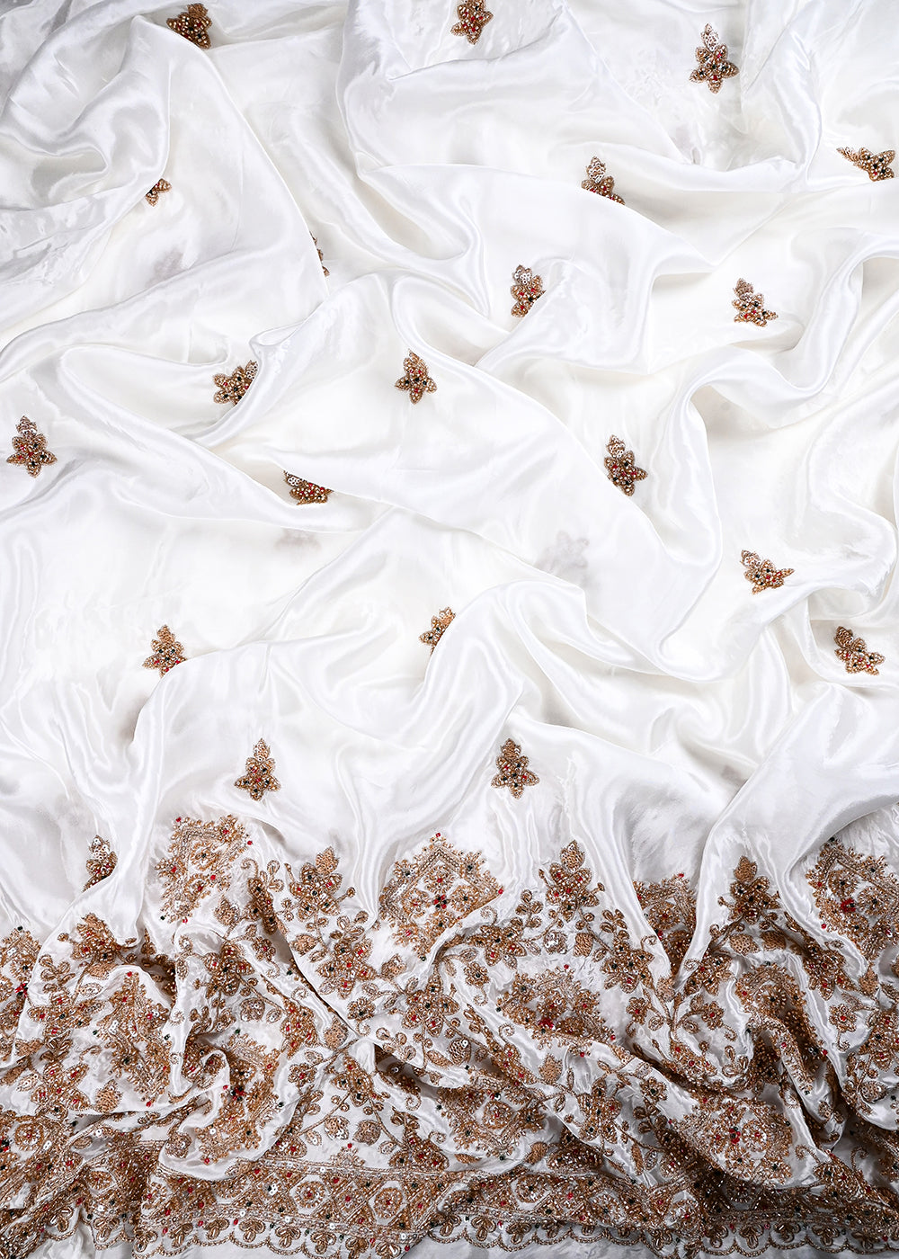 White Dyeable Crepe Fabric With All Over Zari, Sequins And Katdana Work With One Side Heavy Border 27032