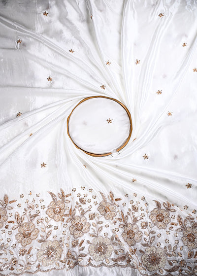 White Dyeable Crepe Fabric With All Over Zari, Sequins, Katdana And Bead Work With One Side Heavy Border 27033