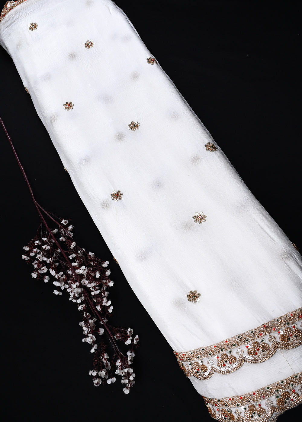 White Dyeable Chinon Chiffon Dupatta Fabric With All Over Sequins And Katdana Work With Both Side Border 27035