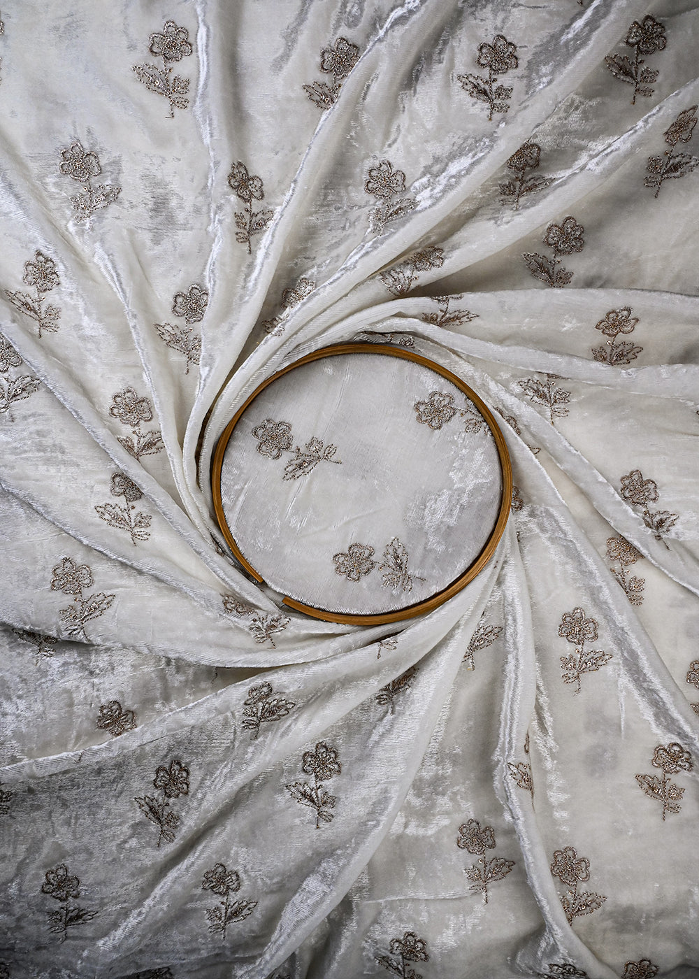 White Dyeable Velvet Fabric With All Over Buti Of Zari And Sequins Work 27066