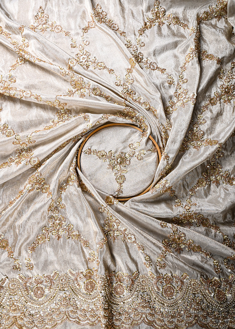 Golden Dyeable Tissue Fabric With All Over Sequins And Katdana Work With One Side Border 27070