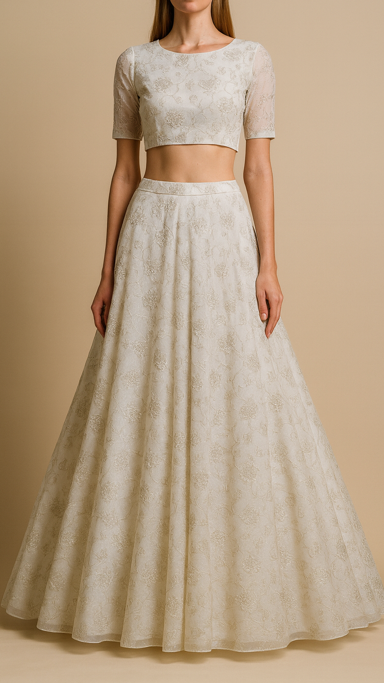 White Dyeable Georgette Fabric with All Over Silver Thread Work 19662