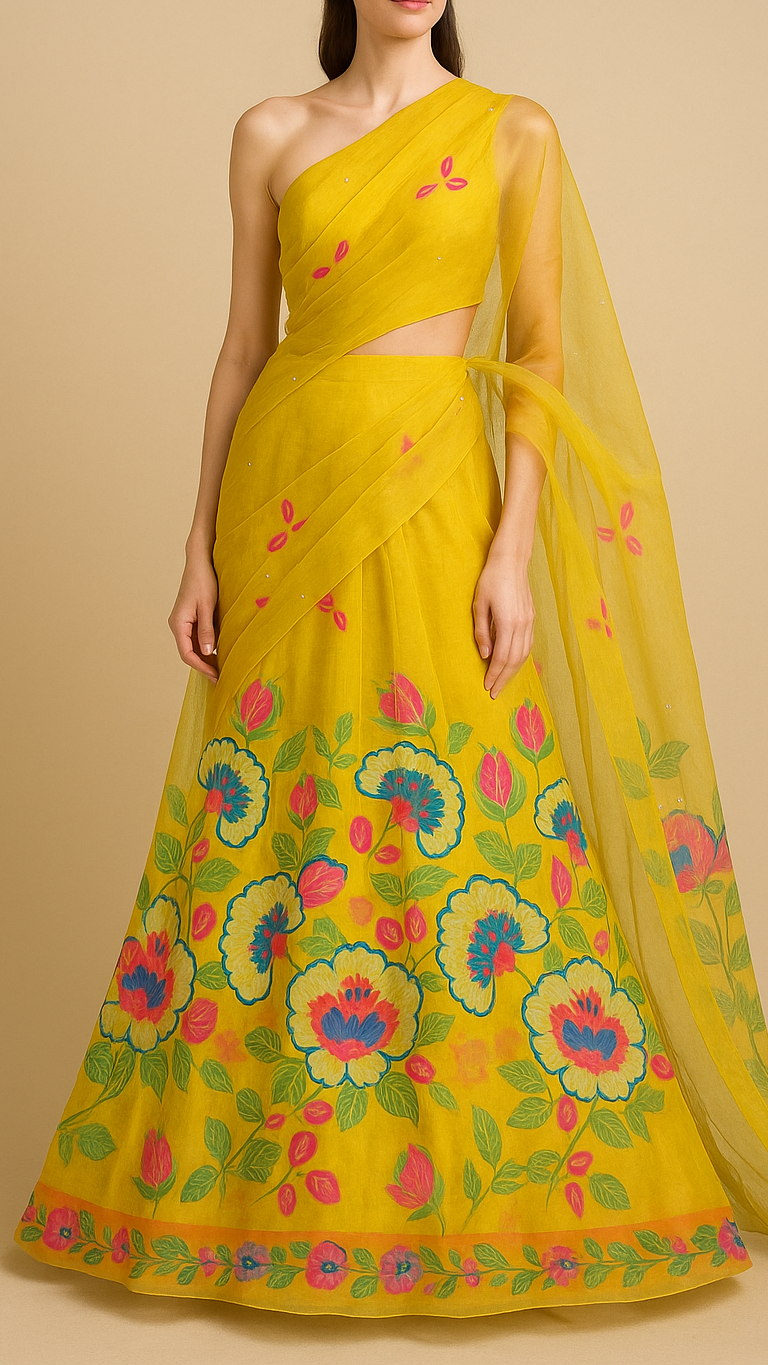 Yellow Georgette Printed Fabric Embellished with Pearl, Sequins and Katdana Work With One-Side Border 19681