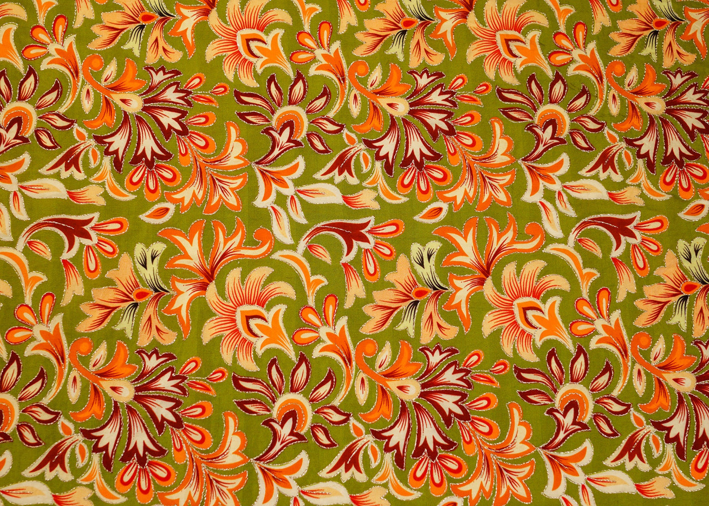Golden Zari Floral Embroidered Soft Green Crepe Fabric