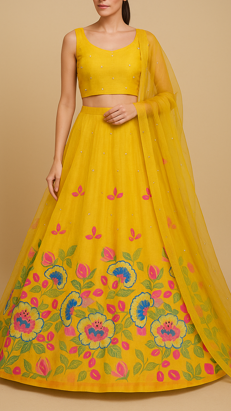 Yellow Georgette Printed Fabric Embellished with Pearl, Sequins and Katdana Work With One-Side Border 19681