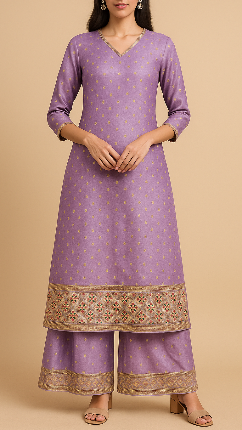 Lavender Silk Fabric With All Over Zari Buti With One Side Zari, Thread and Sequins Work Border 16001