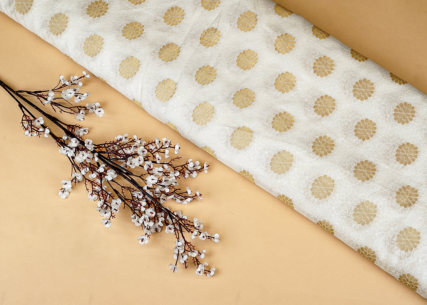 Elegance Dyeable Brocade with All-Over Traditional Buti of Golden Thread Handloom
