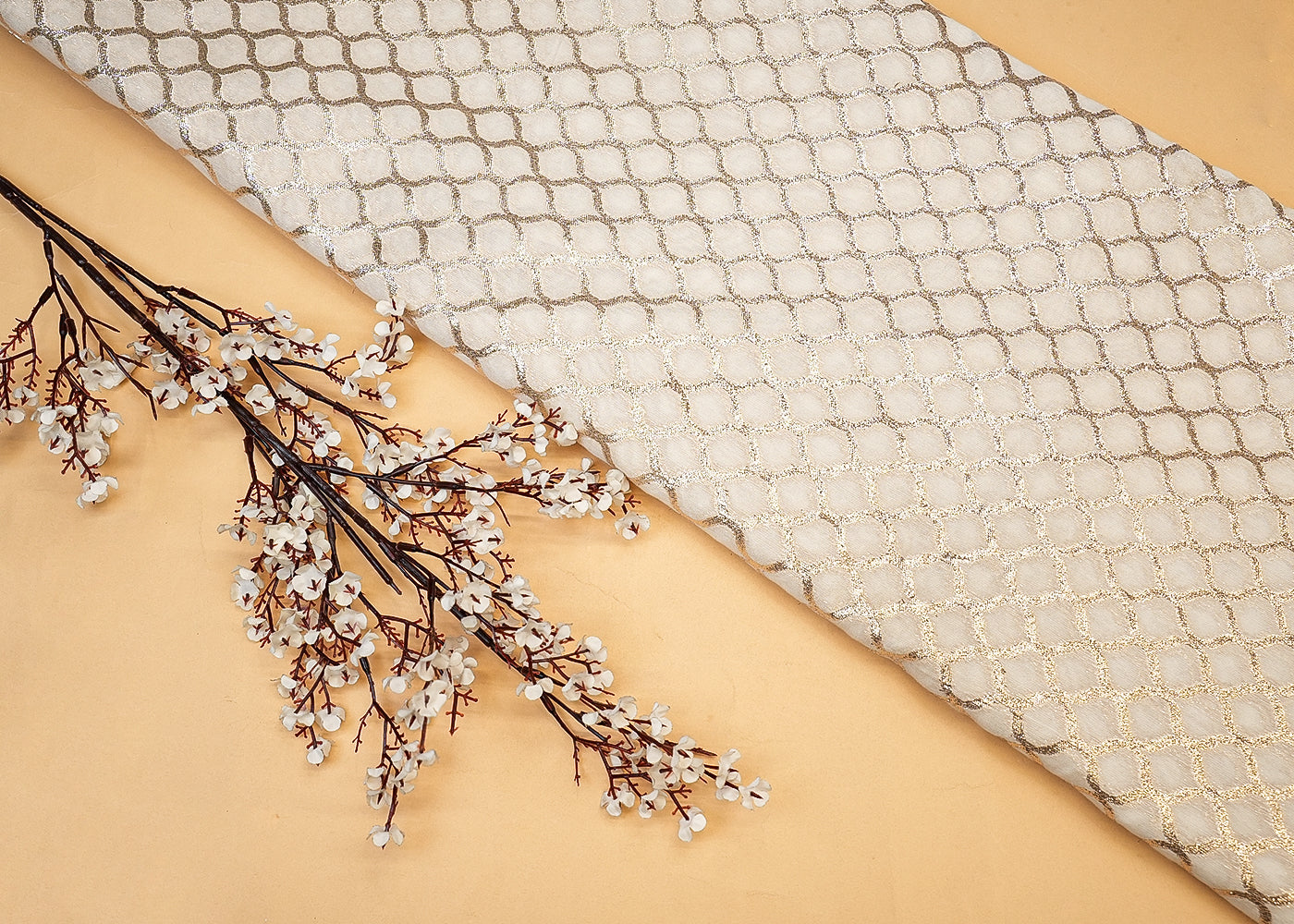 Golden Radiance Chanderi Fabric with All-Over Pattern of Golden Badla Zari Work