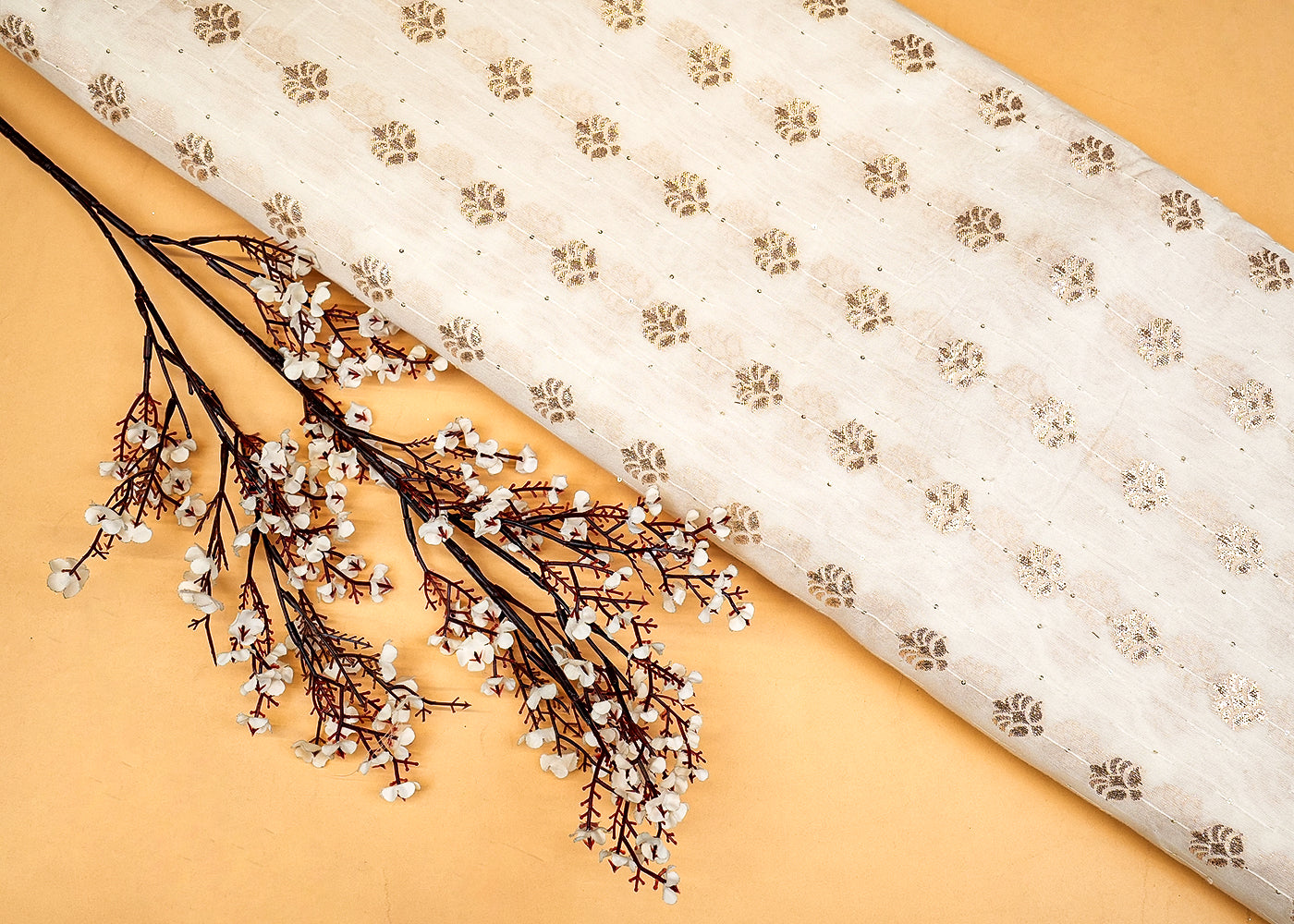 Golden Opulence Chanderi Fabric with All-Over Sequins and Buti of Badla Zari Work