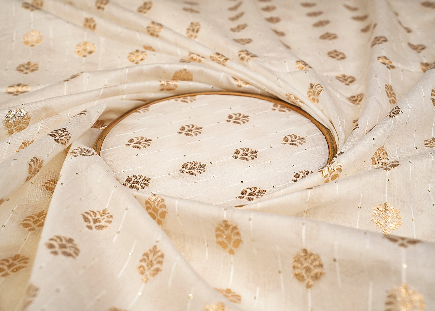 Golden Opulence Chanderi Fabric with All-Over Sequins and Buti of Badla Zari Work