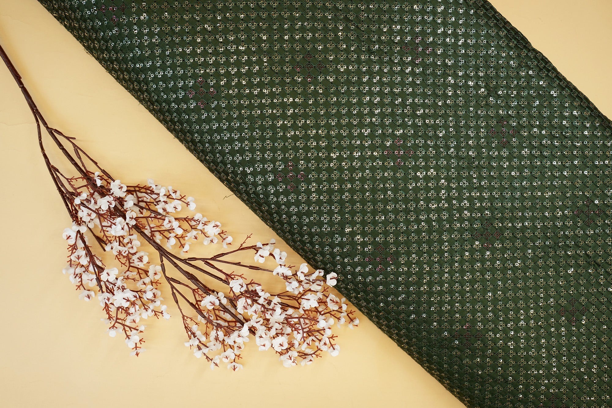 Bottle green Satin Silk with Geometric Thread Work and Sequins - Paras Gallery Fabrics