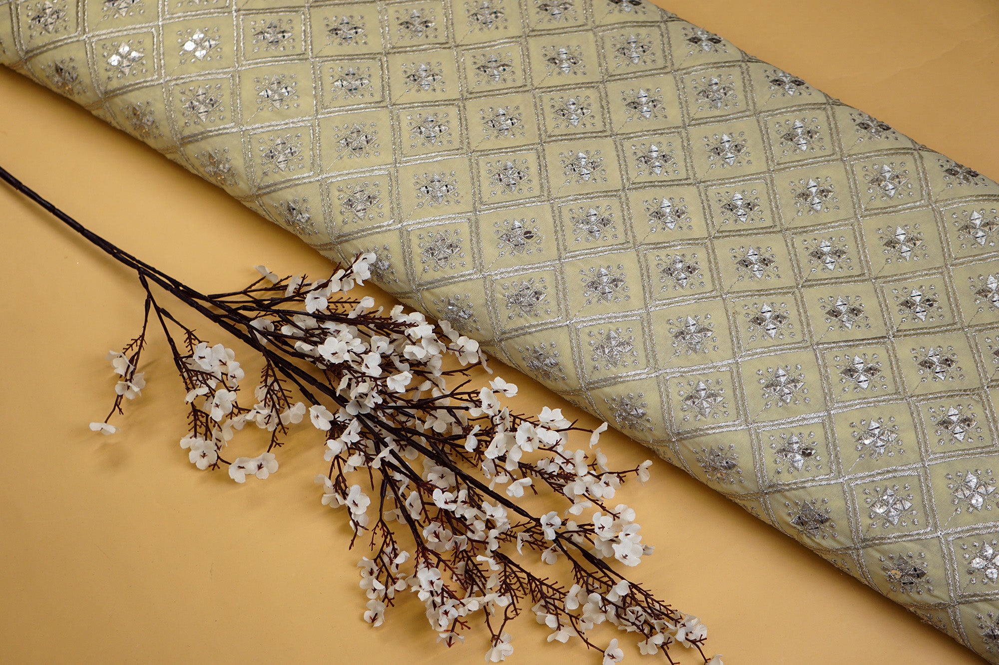 Golden Zari & Sequins Geometric Pattern on Sand Georgette- Paras Gallery Fabrics