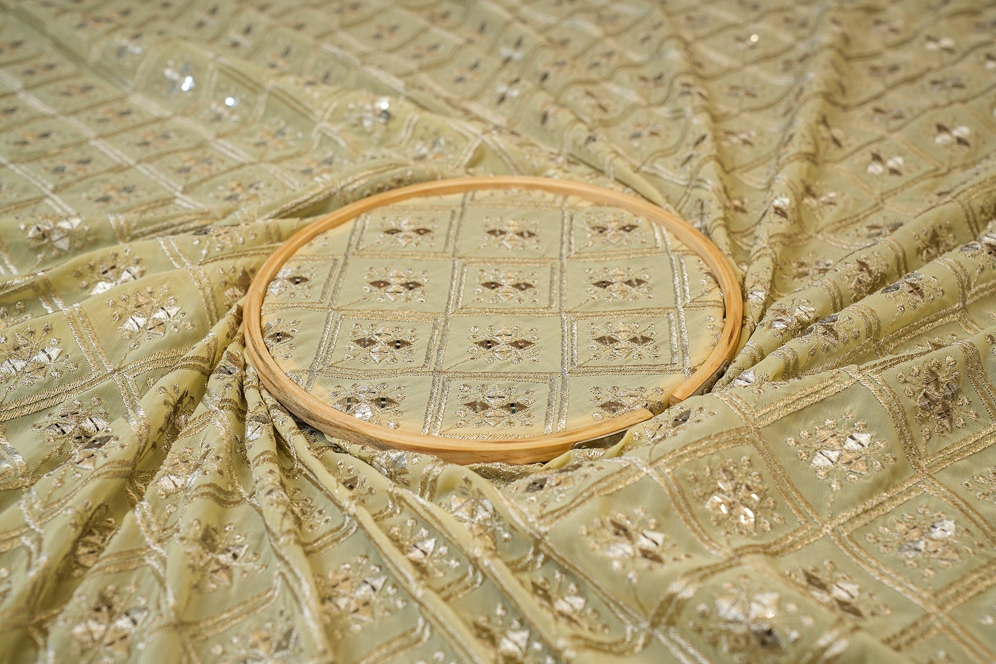 Golden Zari & Sequins Geometric Pattern on Lemon Georgette