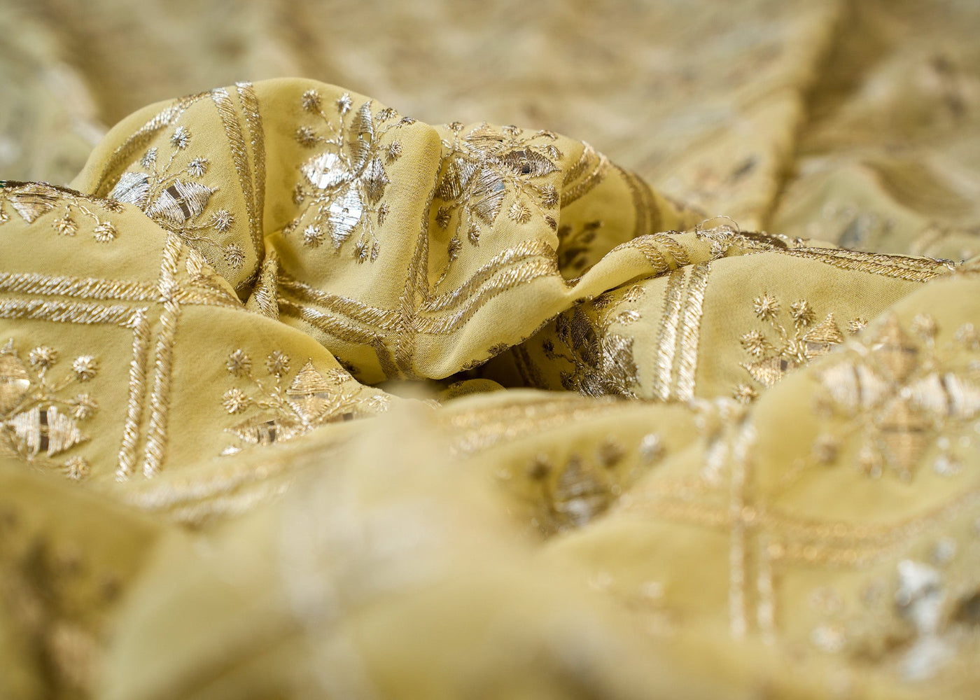 Golden Zari & Sequins Geometric Pattern on Lemon Georgette