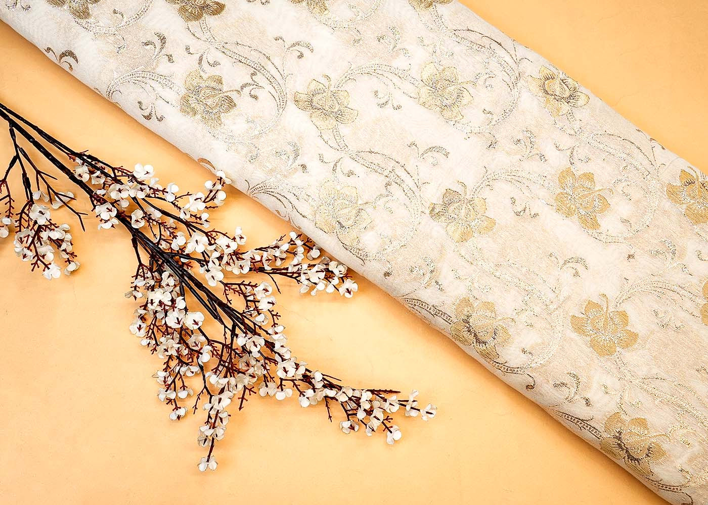 Golden Radiance Chanderi Fabric with All-Over Pattern of Golden Badla Zari Work