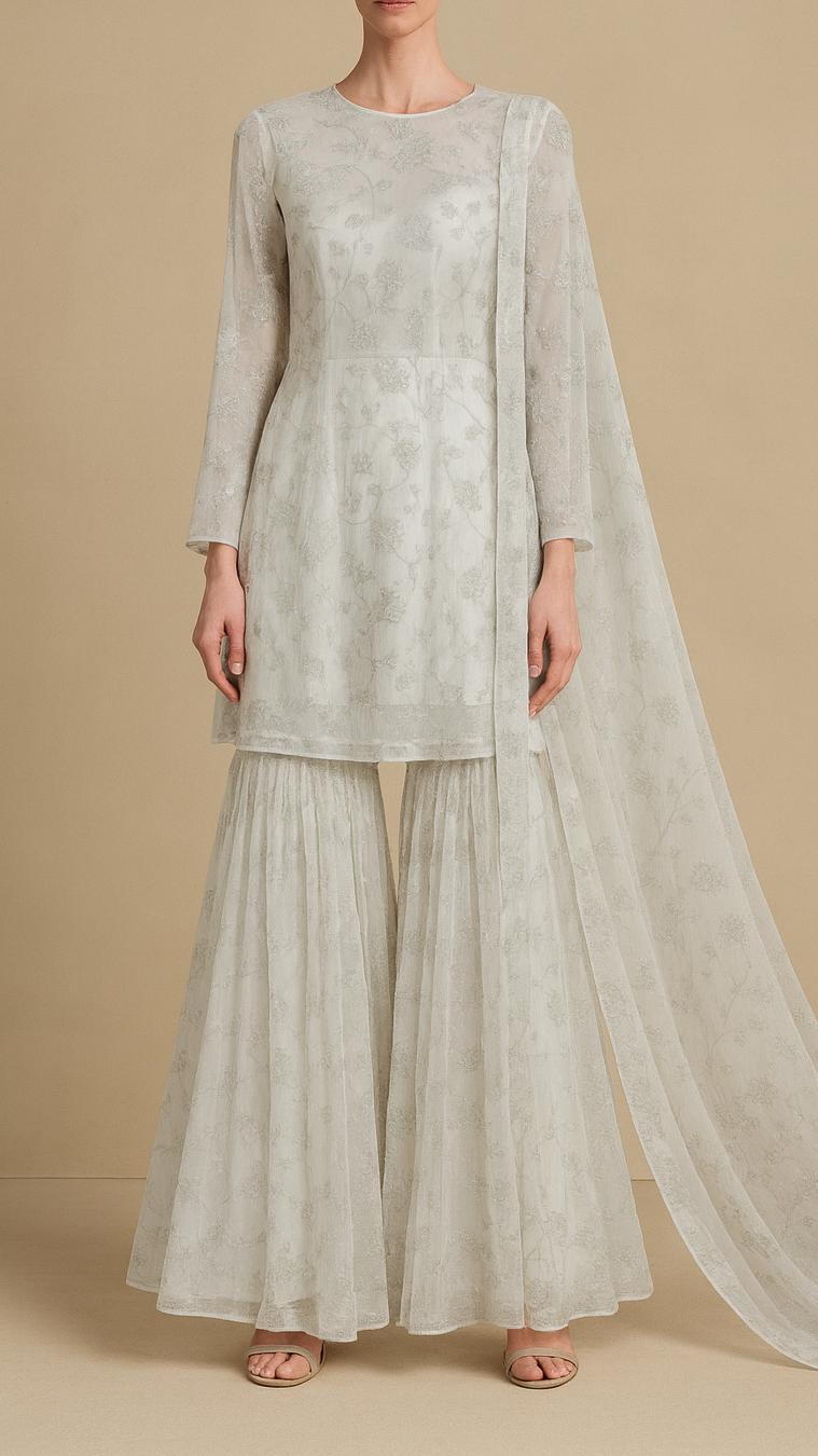 White Dyeable Georgette Fabric with All Over Silver Thread Work 19662
