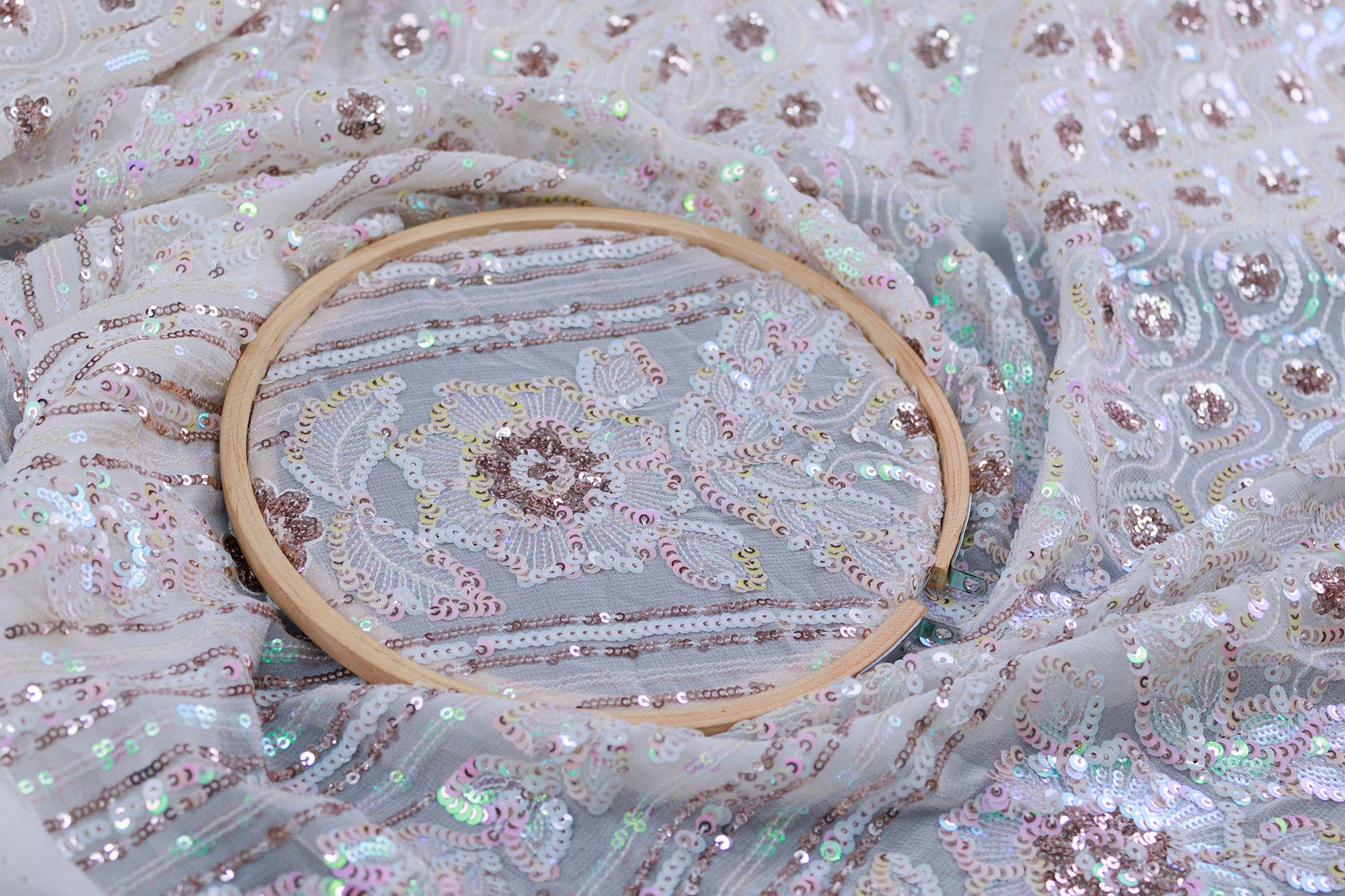 Dyeable Abstract Pattern Rainbow With Golden Sequins Heavy Soft Embroidered Georgette Fabric