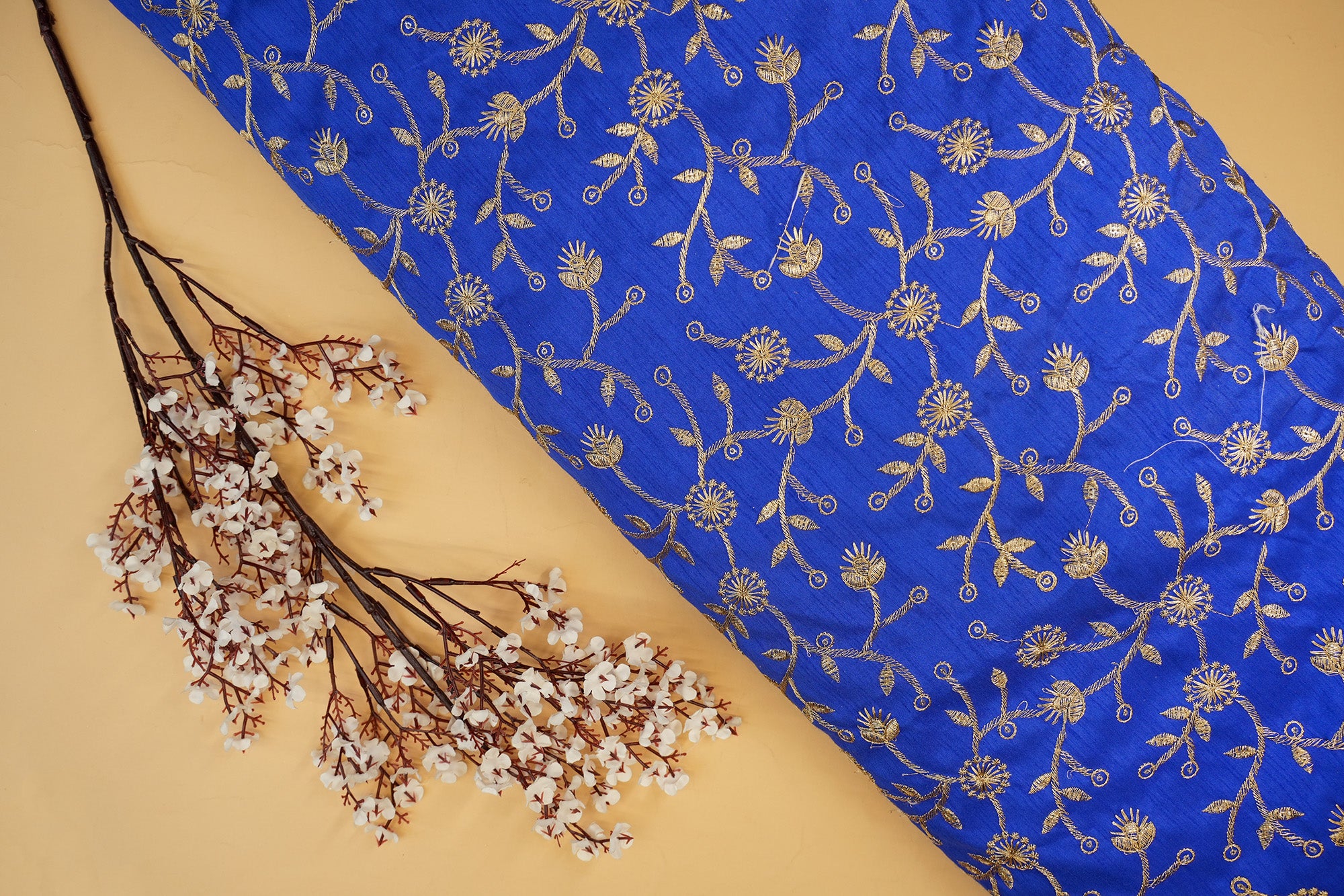 Royal Blue Silk dupion with Zari & Glitter Sequins Floral Delight